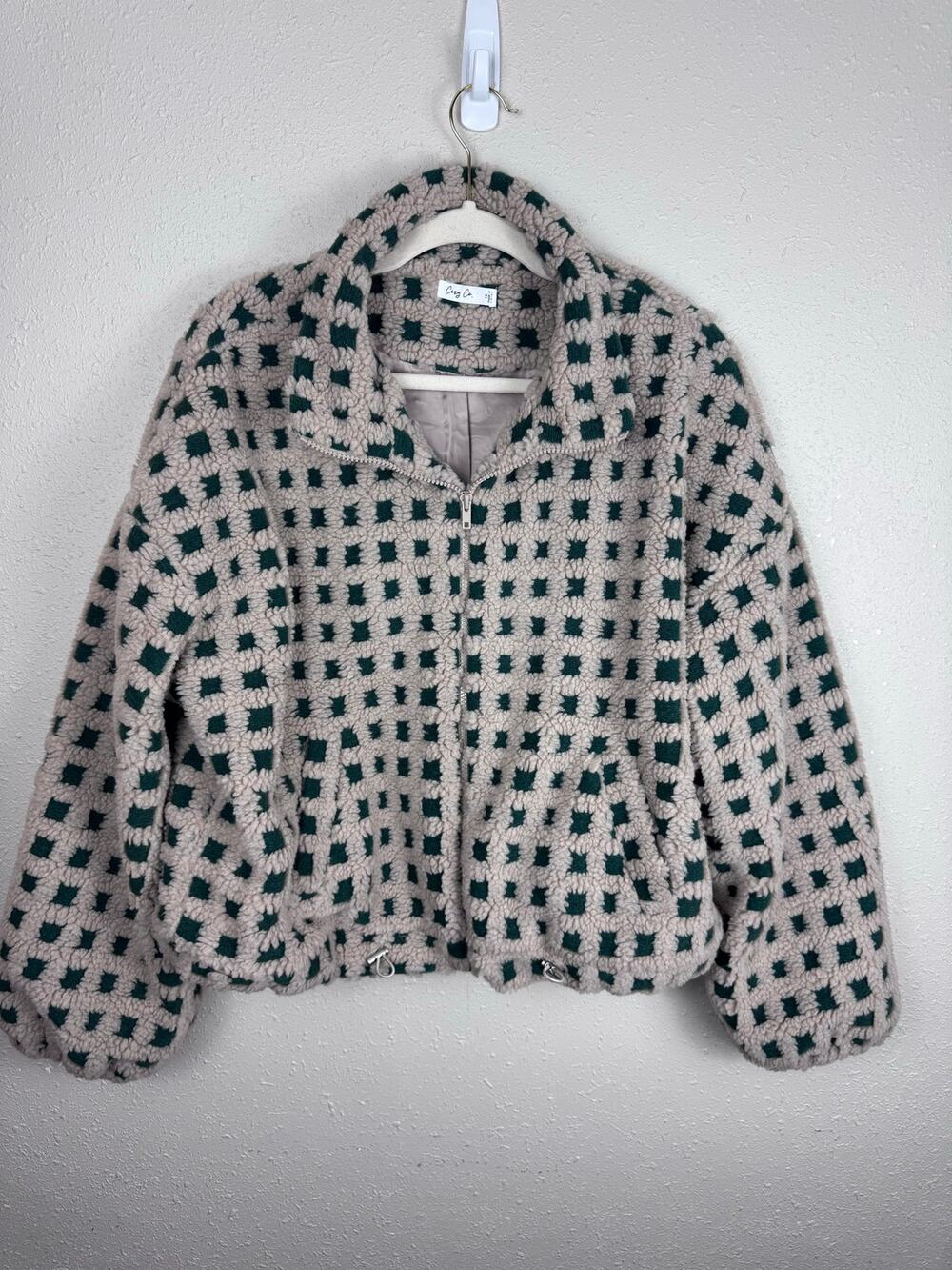Cozy Co. Taupe & Green Checkered Sherpa Jacket Womens XL(1X)